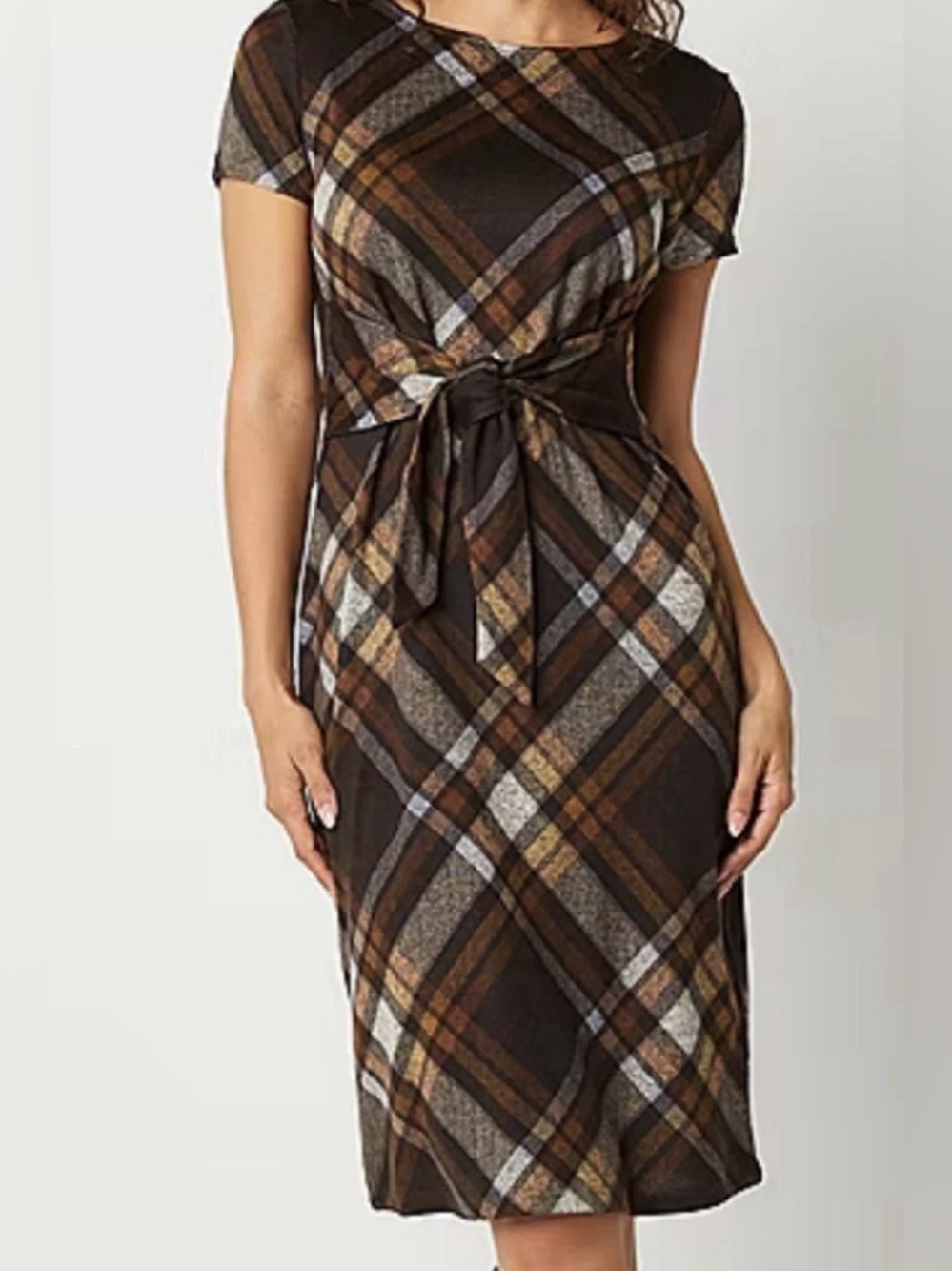 Chetta B Brown and Tan Plaid Midi Dress